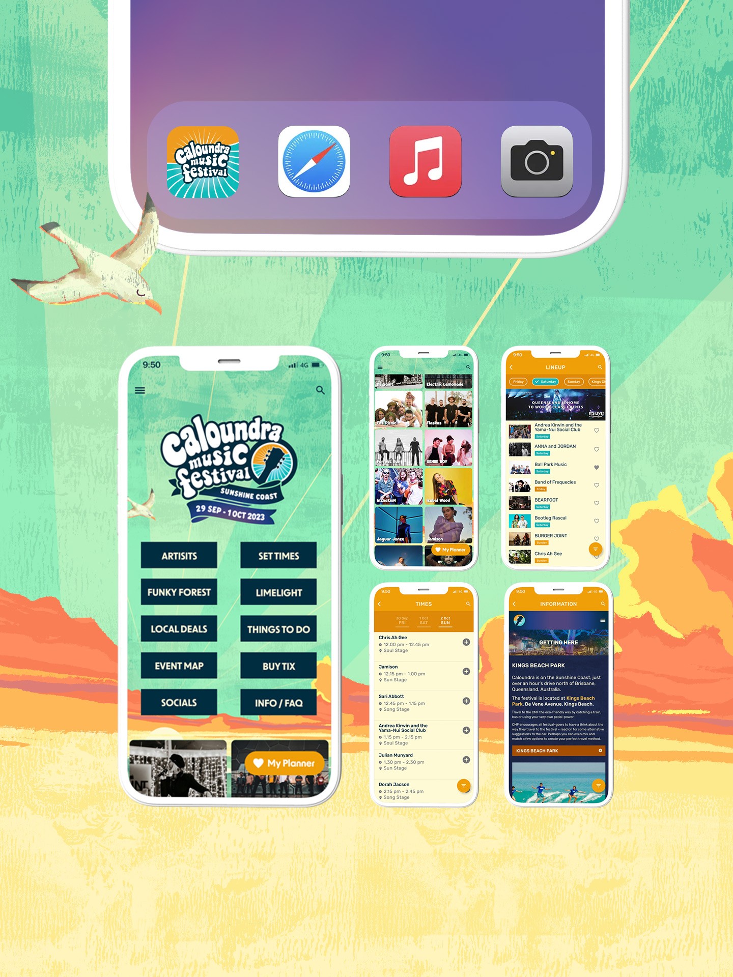 Music festival phone app UI layout showcasing schedule, map, and artist info