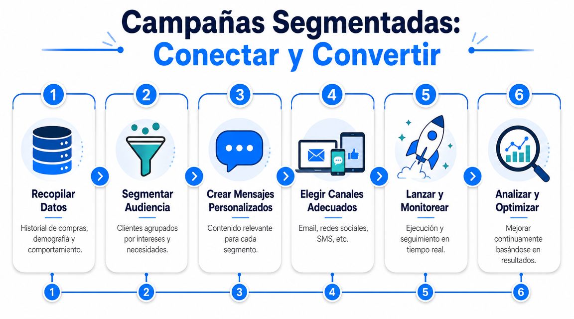 Infografía de seis pasos para crear campañas de marketing segmentadas enfocadas en conectar y convertir clientes.