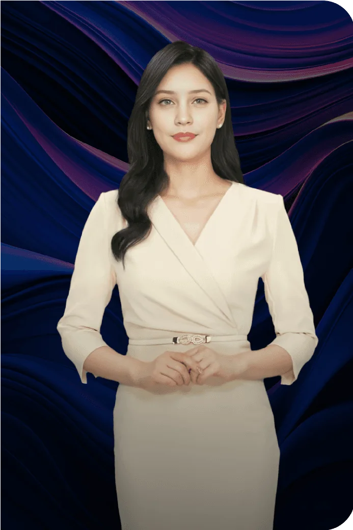 AI 스튜디오에서 추상적인 배경 앞에 서 있는 여성 AI 아바타