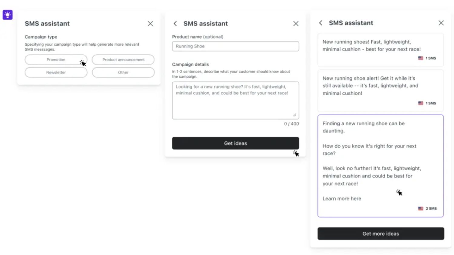 Klaviyo SMS AI.jpeg – Klaviyo's SMS Assistant interface displaying campaign type selection, product description input, and AI-generated SMS suggestions for a running shoe campaign. The tool helps generate promotional SMS messages based on user inputs.