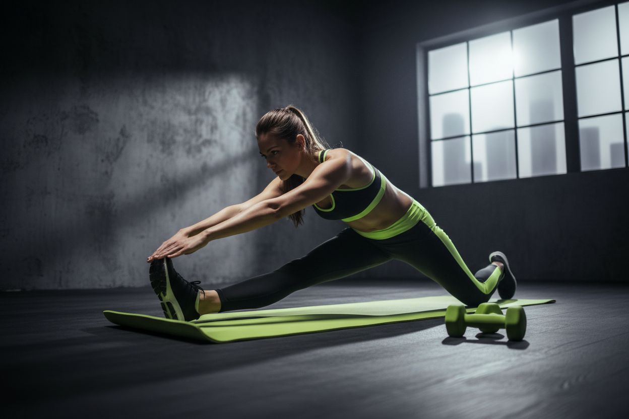 Woman stretching in a home workout space