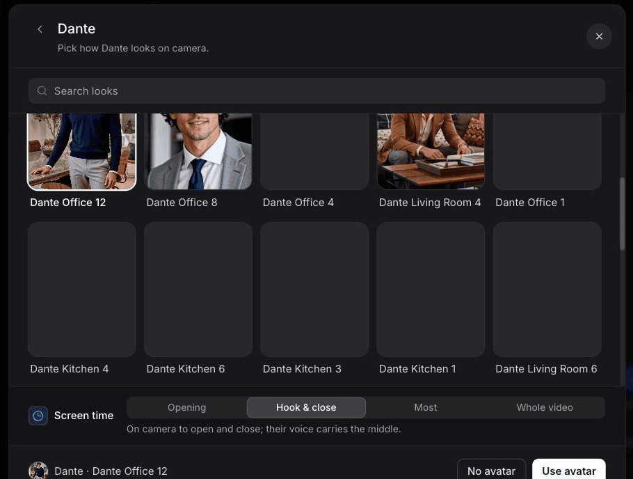 Clevera's AI avatar picker with presenter looks and screen-time options from Opening to Whole video
