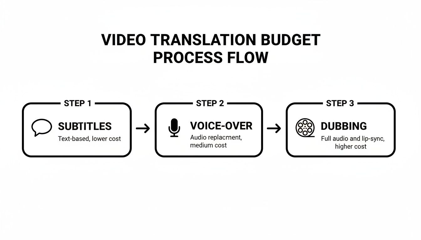 Video translation budget process flow illustrating steps: subtitles (lower cost), voice-over, and dubbing (higher cost).