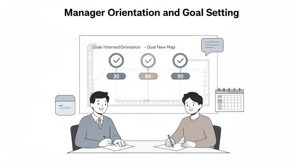 Illustration of two men, possibly managers, discussing during an orientation and goal setting session.