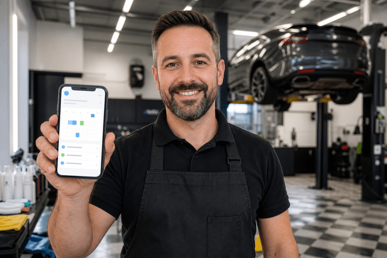 Detailing shop owner holding a phone with his booking and scheduling software, car on a lift behind him
