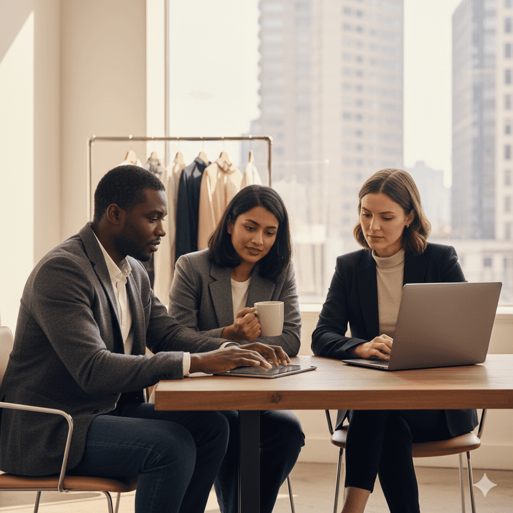 A group of business professionals collaborate around a wooden table in a modern office, with cityscape views outside the large windows, as one person works on a laptop and others engage in discussion, symbolizing the integration of AI agents in retail environments.