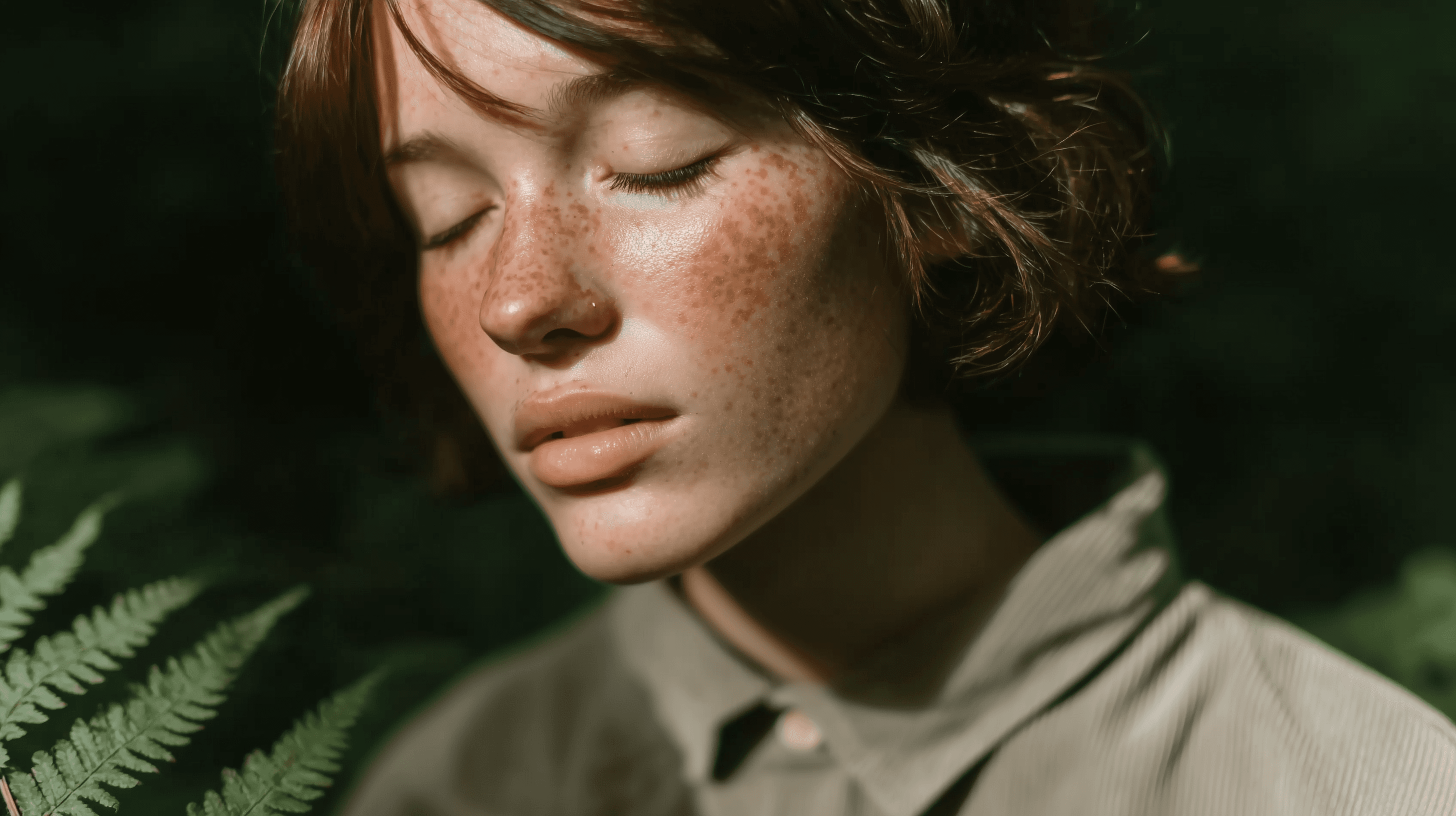 Close up of a woman with eyes closed practicing deep breathing