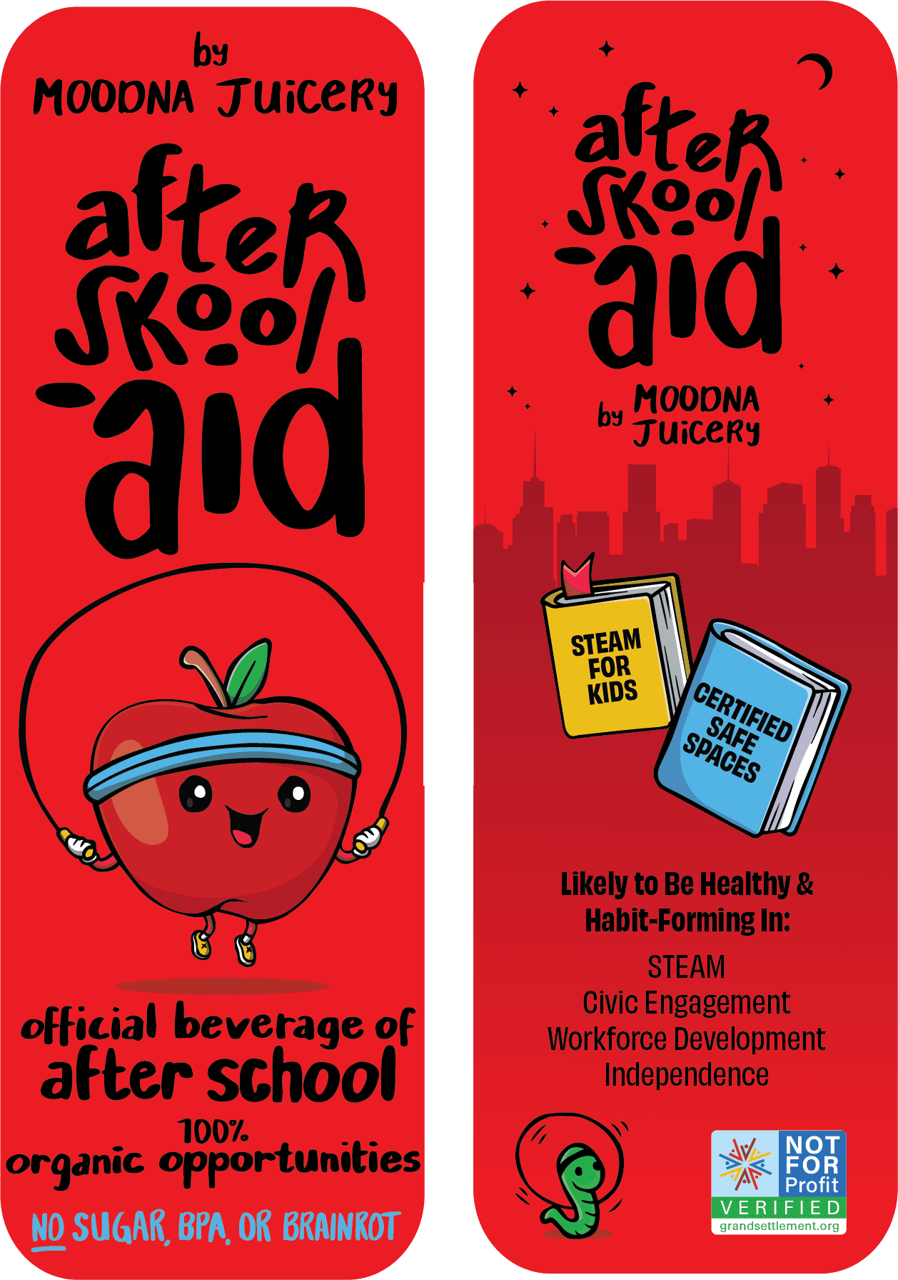 Whimsical juice bottle design for After Skool ‘Aid, with playfully written nutritional information and product descriptions.  On the front of the bottle, a cartoon apple is skipping rope. On the back, a cartoon worm is jumping rope in front of the New York City skyline.
