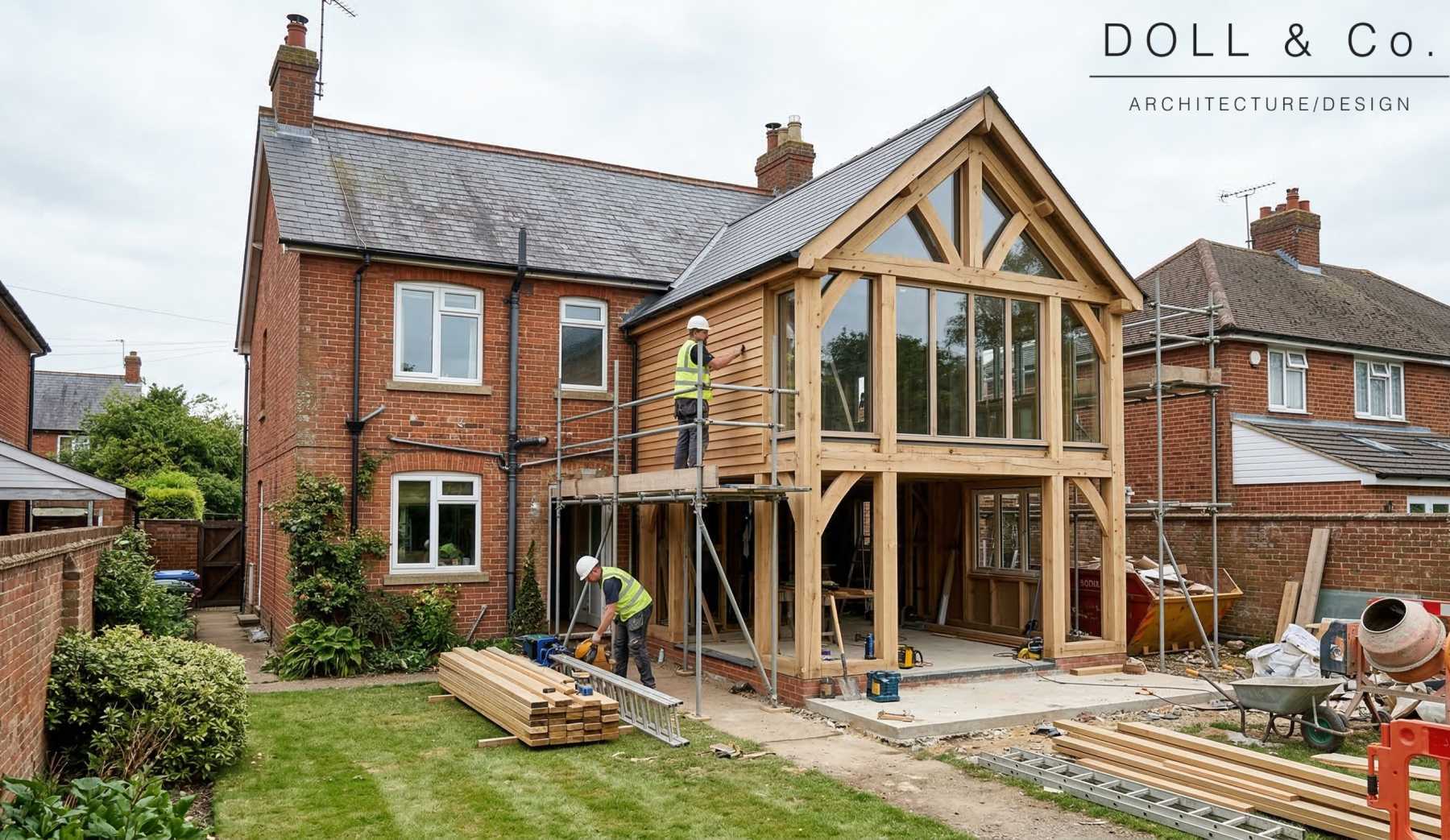house under construction for timber frame extension