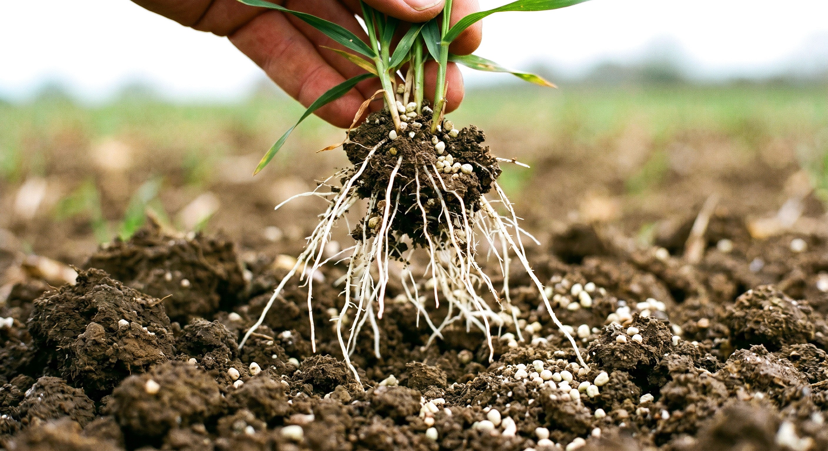 Close-up of young crop roots in soil with calcium granules supporting root development and plant health.