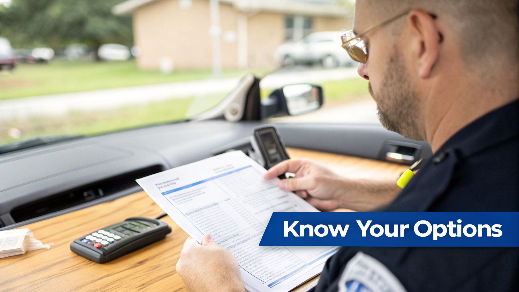 A uniformed officer in a car reads a document, with a device nearby and 'Know Your Options' text.