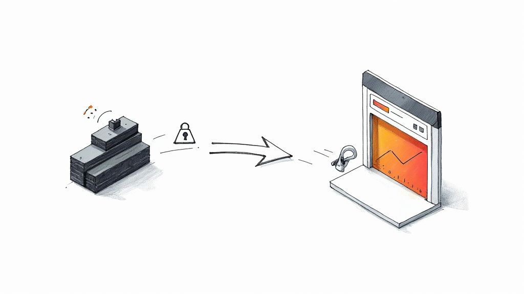 Illustration showing secure data transfer from locked servers to browser window with download icon