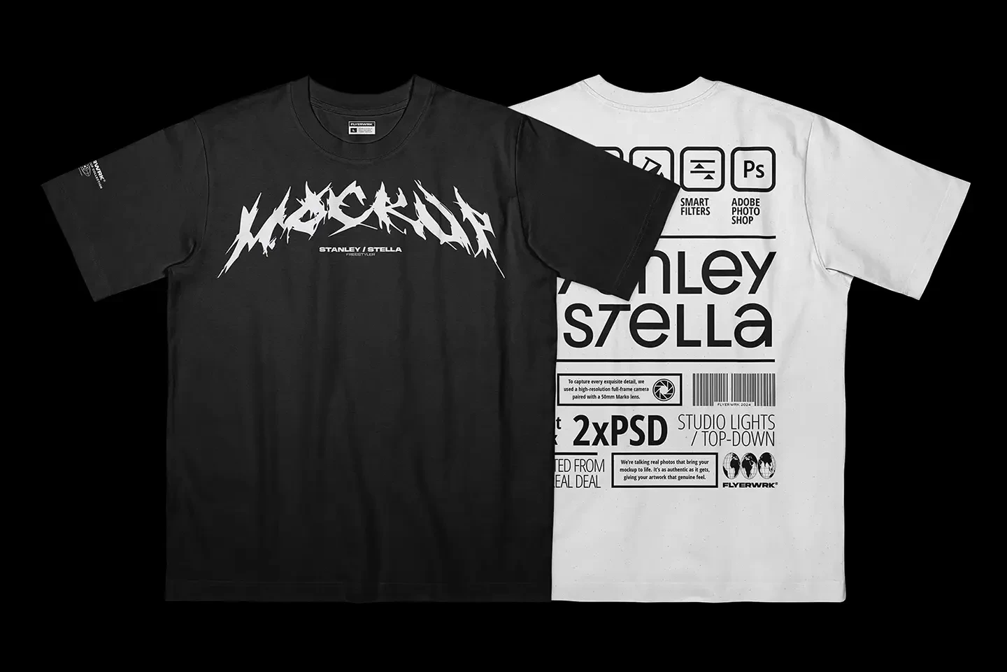 Stanley Stella Freestyler T-Shirt Flat Lay mockup front and back view with customizable design