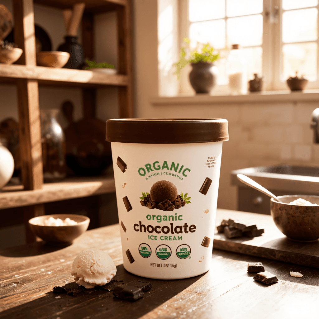 product photography of a container of organic chocolate ice cream