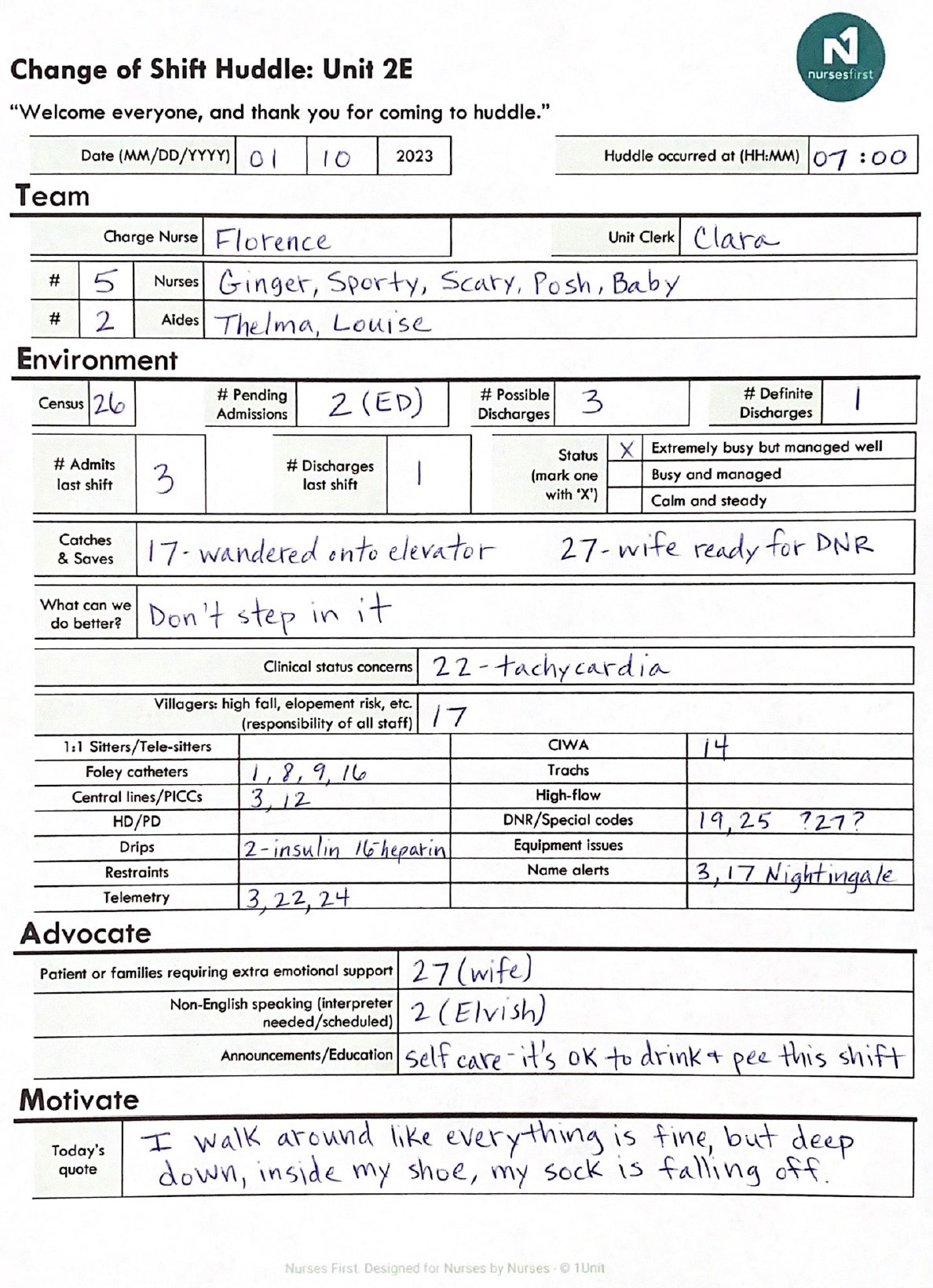 1Unit change of Shift Huddle sheet
