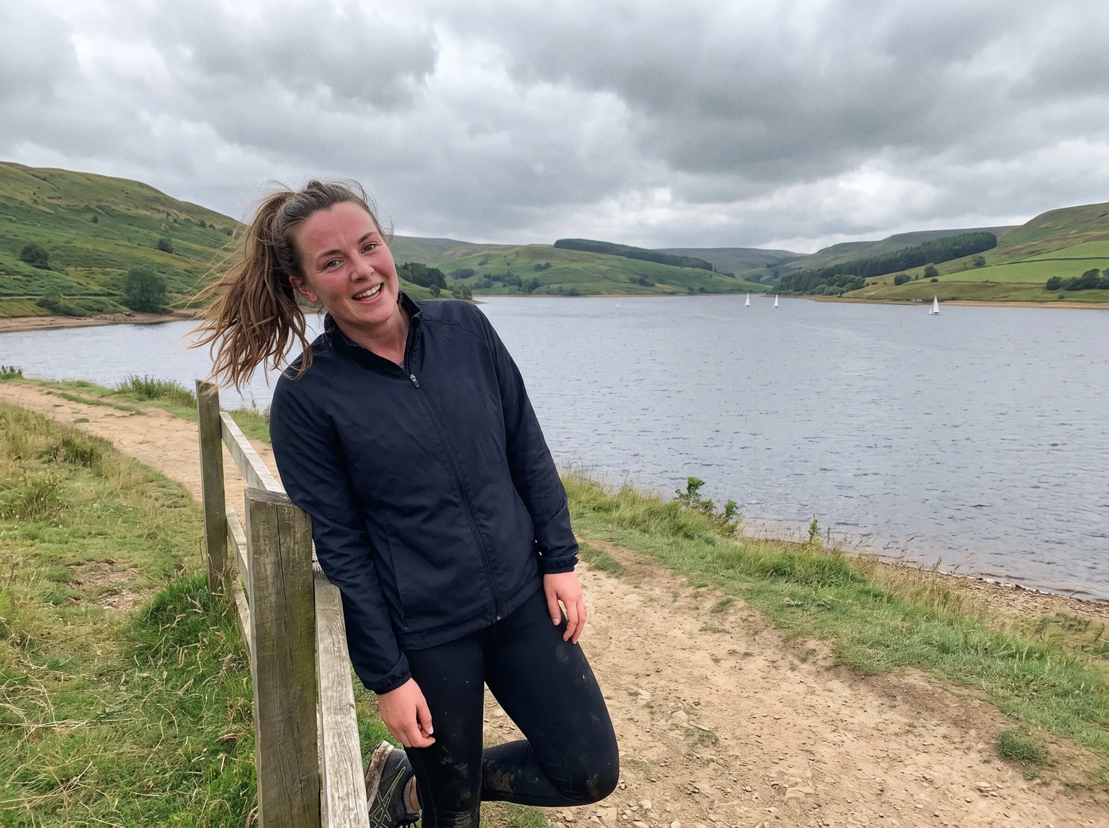Laura taking a break on a lakeside run