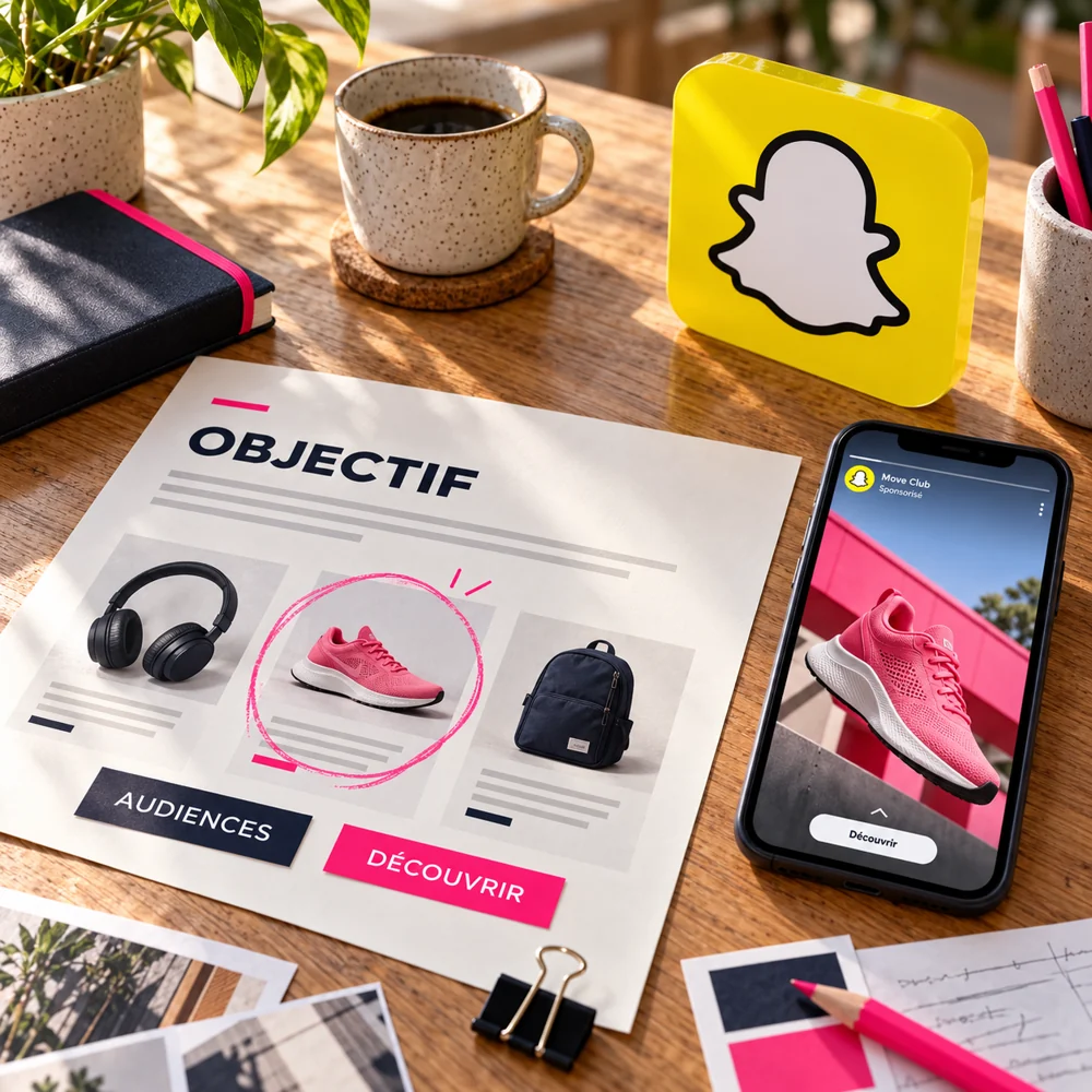 Un brief de campagne et des cartes de publics à sélectionner, accompagnés d’un smartphone et du logo Snapchat.