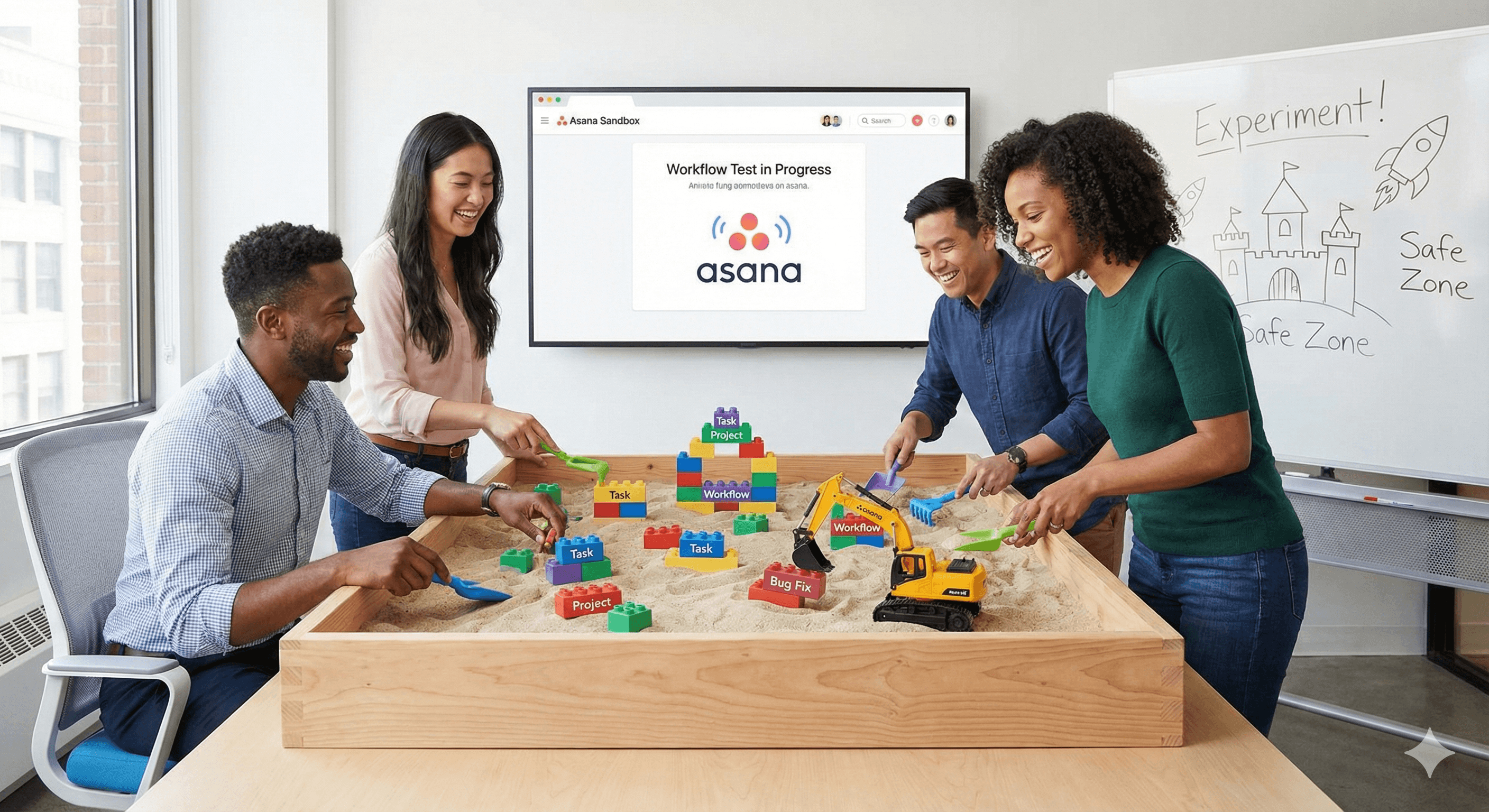 Four people are engaging in a collaborative activity around a sandbox filled with sand and colorful toy blocks, with a screen displaying "Asana Sandbox" in the background.