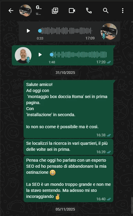 Screen di conversazione tra gabriel e carlo sul posizionamento in google overwiev