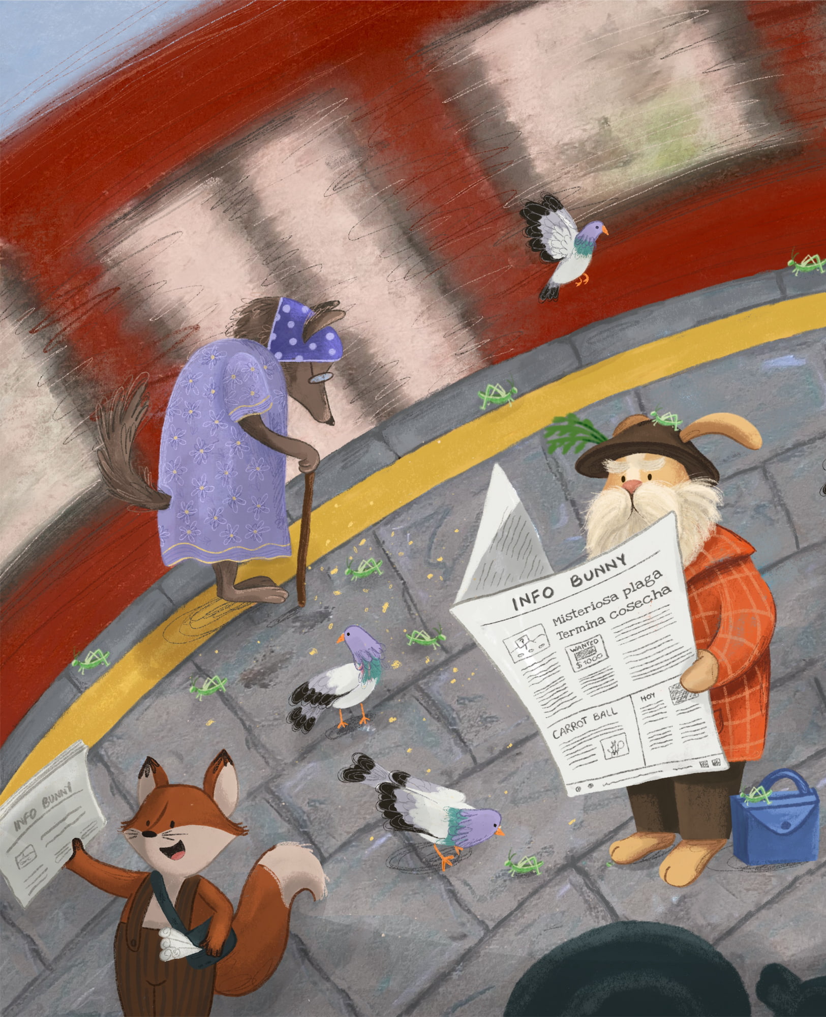 A rabbit reading a newspaper inside a busy train station with animals walking around, pigeons flying, and a moving train in the background.