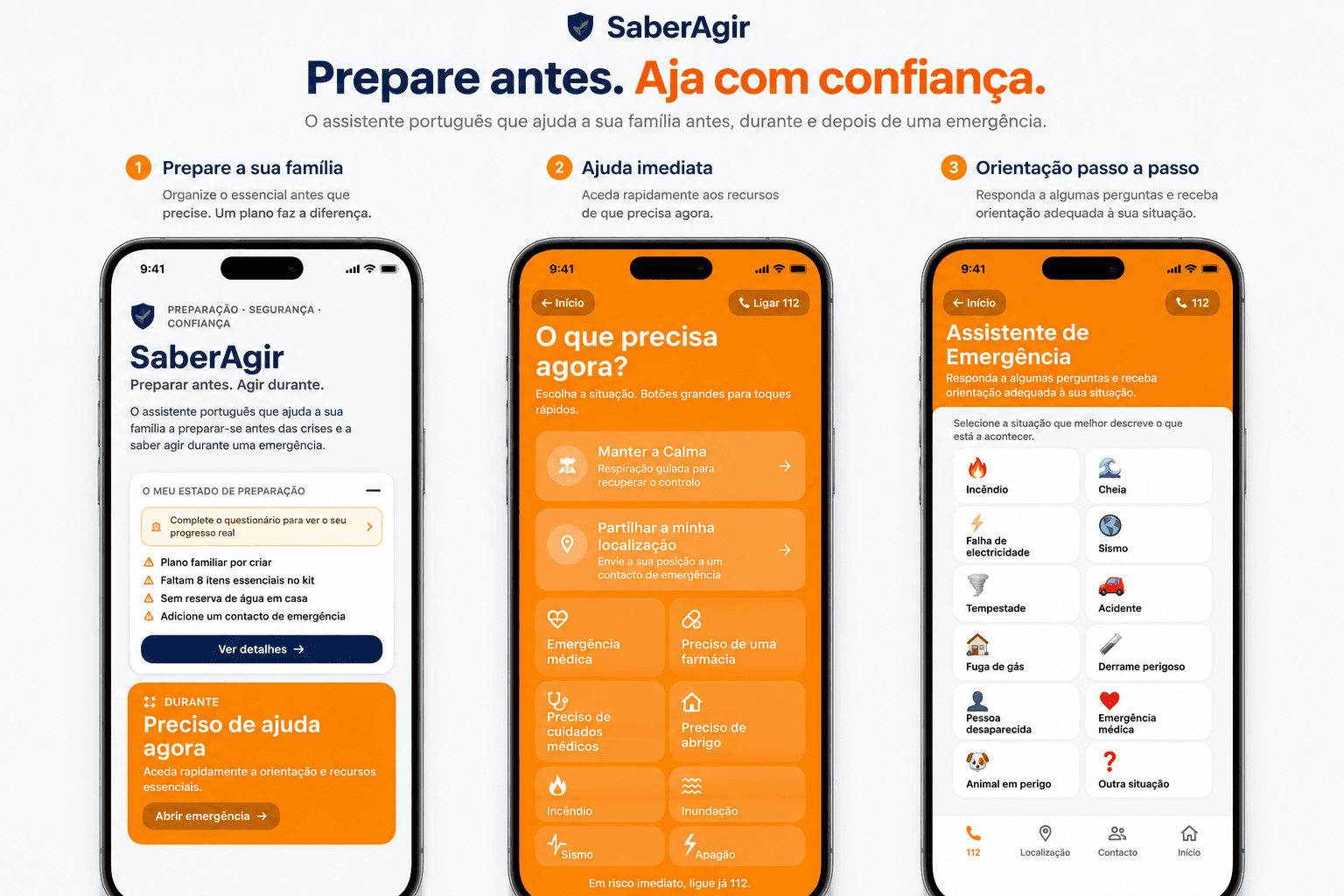 Ecrã do Assistente de Emergência da aplicação SaberAgir com orientações passo a passo