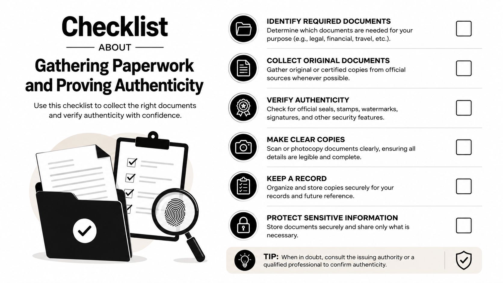 A helpful checklist for gathering important paperwork, organizing documents, and verifying their authenticity with confidence.