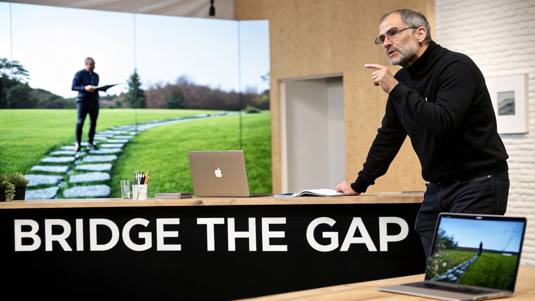 A man resembling Steve Jobs speaks, pointing, in front of a screen displaying a path.