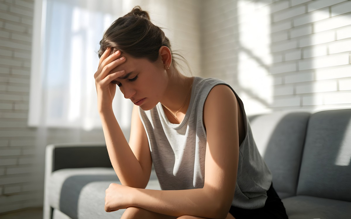 A woman sits on a sofa in a sunlit room, holding her head with a pained expression, conveying stress or headache. Sunlight filters through a window.
