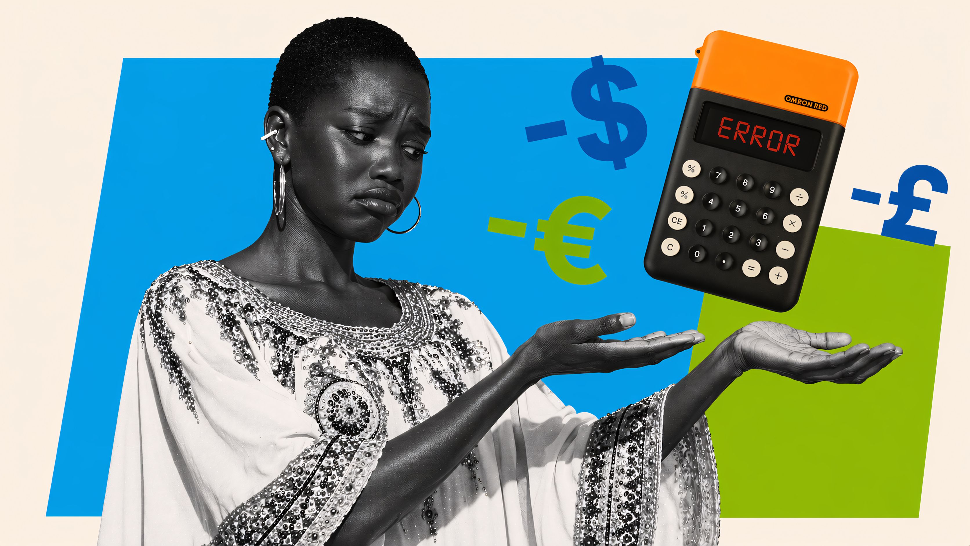 woman looking concerned while gesturing at a calculator showing error, surrounded by negative currency symbols representing financial and specification errors