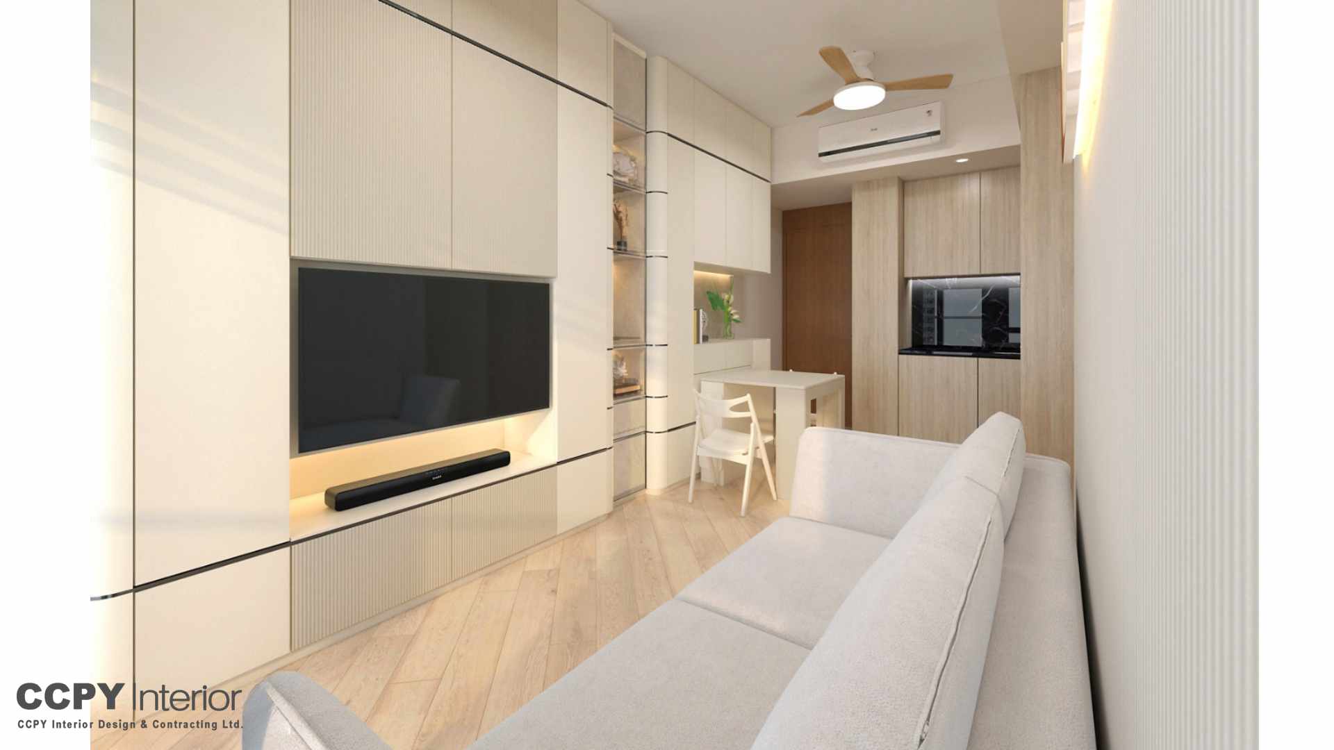 Modern living room with built-in TV and storage.