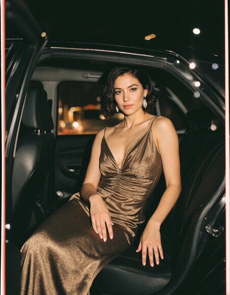 Woman in gold evening dress sitting in car at night with city lights bokeh background