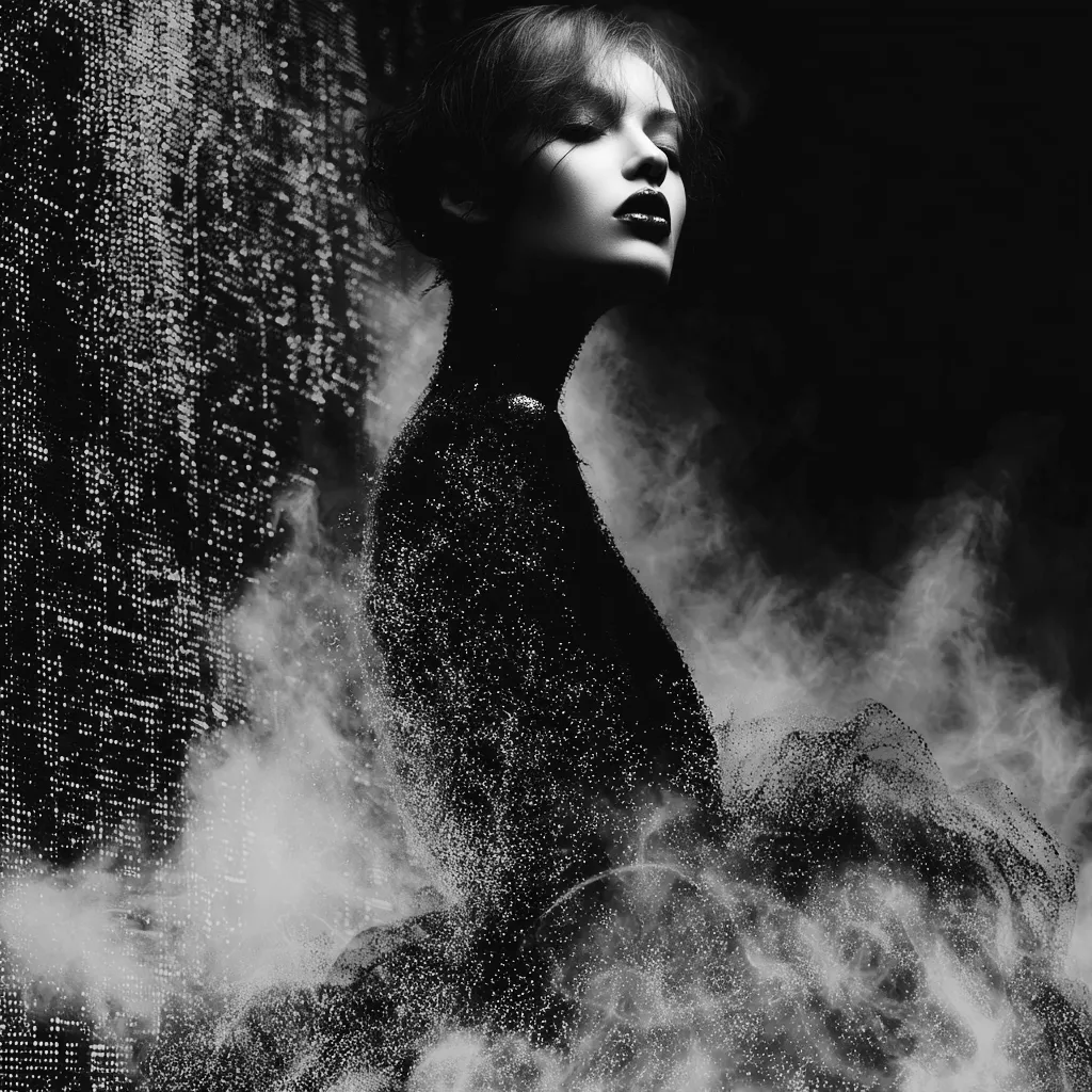 Figura femminile in nero, volto illuminato e materia frammentata in bianco e nero, ritratto Smateriae su identità instabile e trasformazione.