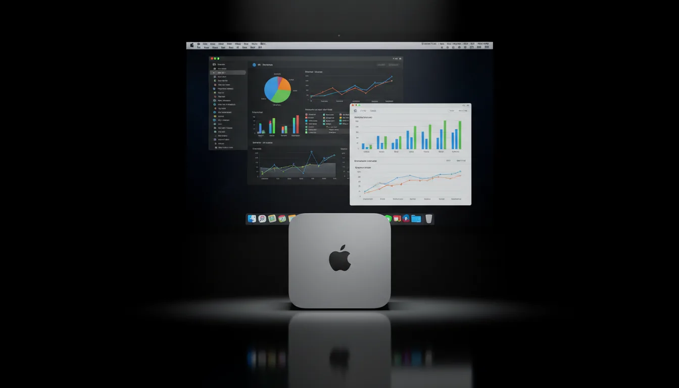 DSLR product photography of a silver Apple Mac Mini, centered on a dark reflective surface against a pure black background. Soft studio lighting creates a spotlight effect on the computer, with a gentle glow and reflection below. Behind the Mac Mini, a large monitor displays a vibrant macOS desktop with multiple open windows showing colorful business charts, graphs, and UI elements, with the application dock visible at the bottom. Cinematic contrast, sharp focus, hyper-realistic, matte brushed aluminum texture.