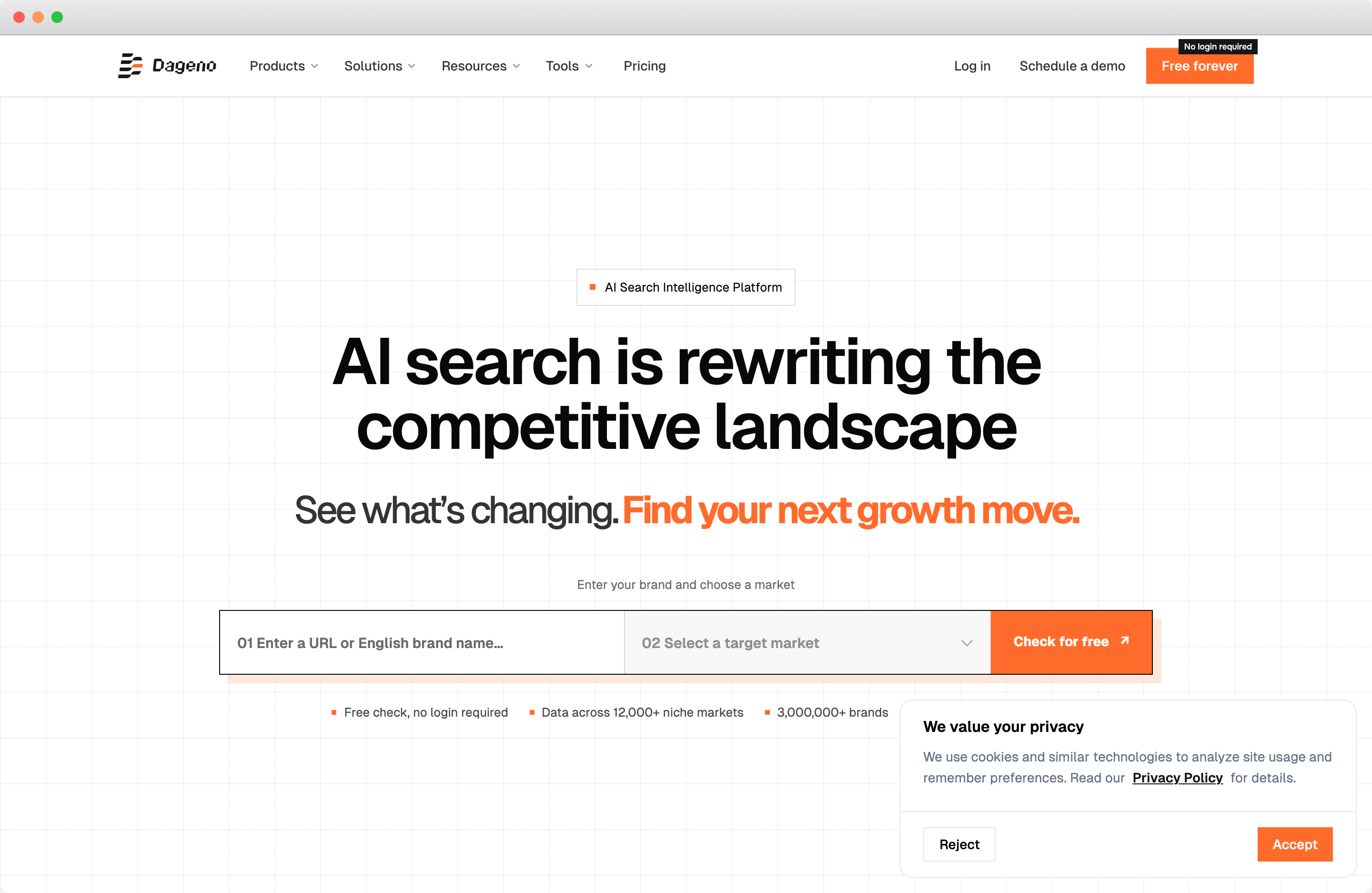 Dageno AI homepage showing the region view with US, FR and GB visibility ranks