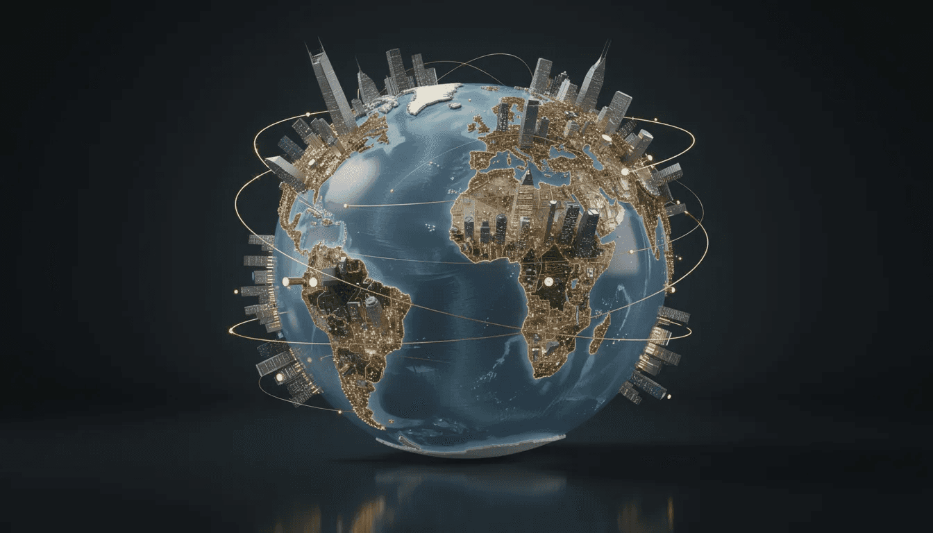 The image depicts a globe highlighting various international business districts and financial centers, symbolizing the interconnectedness of global markets. This representation underscores the importance of asset protection strategies, such as irrevocable trusts, in safeguarding personal and business assets across different jurisdictions.