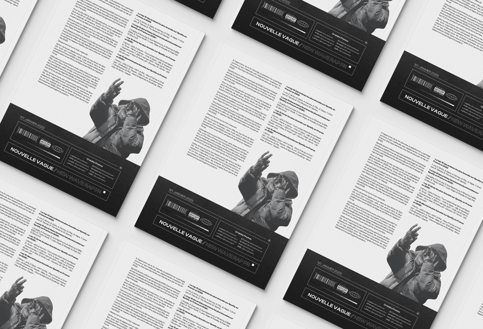 Pages intérieures et quatrième de couverture du fanzine Rapzine, composition éditoriale et design graphique.