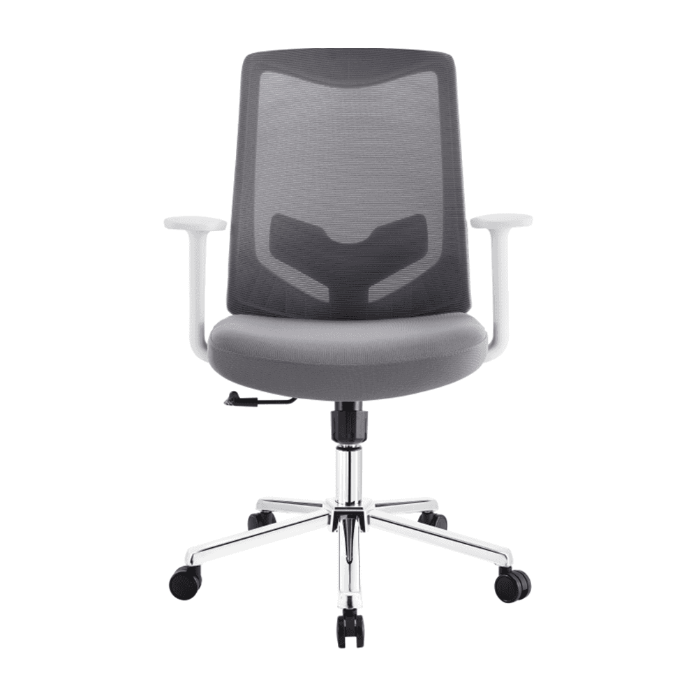 A modern, ergonomic office chair with a contoured mesh backrest, cushioned seat, white armrests, adjustable height lever, and a sturdy metal swivel base with five black caster wheels is centered in the image.