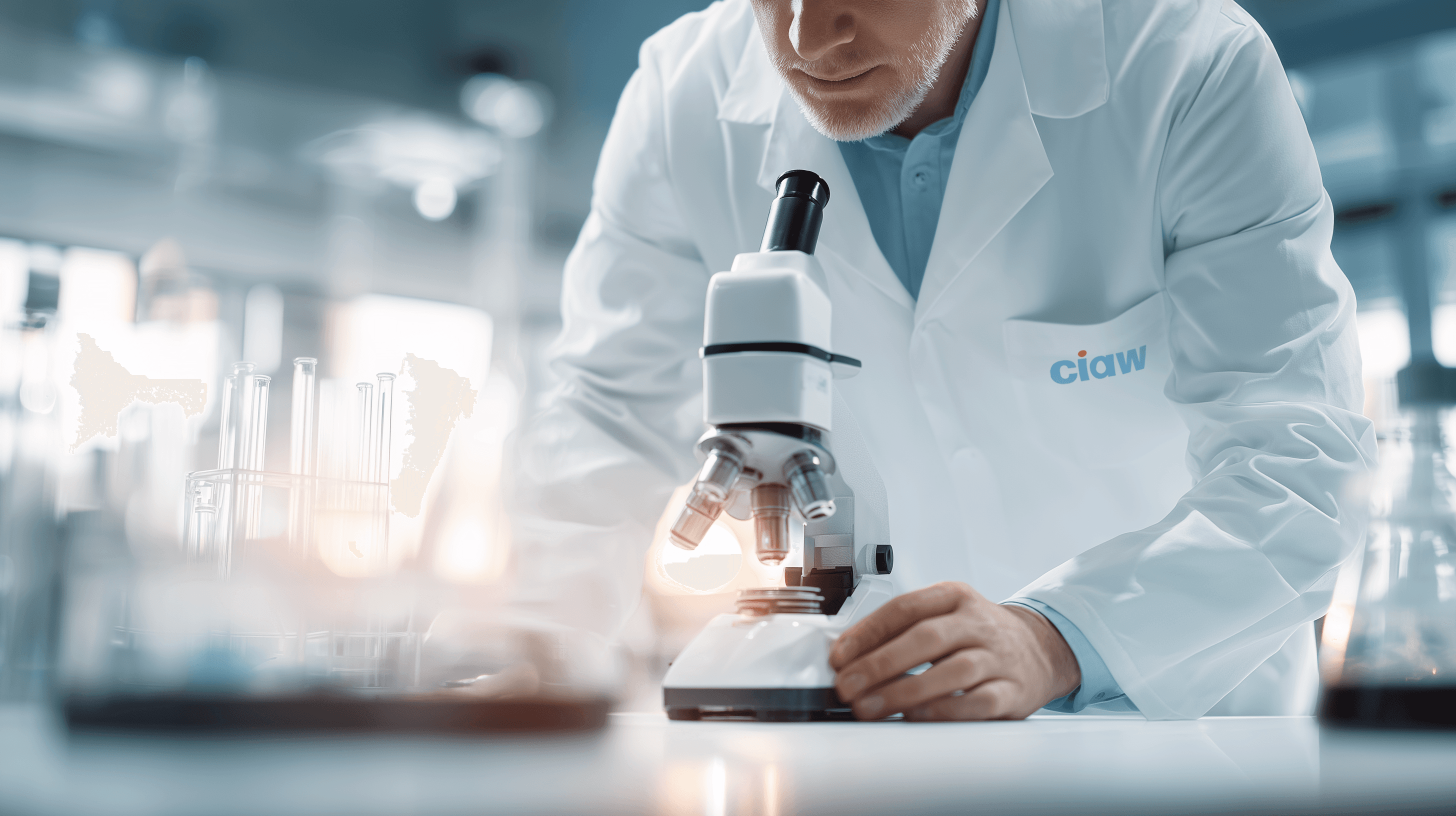 researcher with logo on lab coat
