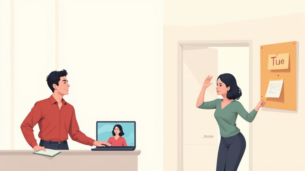 A man on a video call at a desk interacts with a woman pointing to a schedule board.