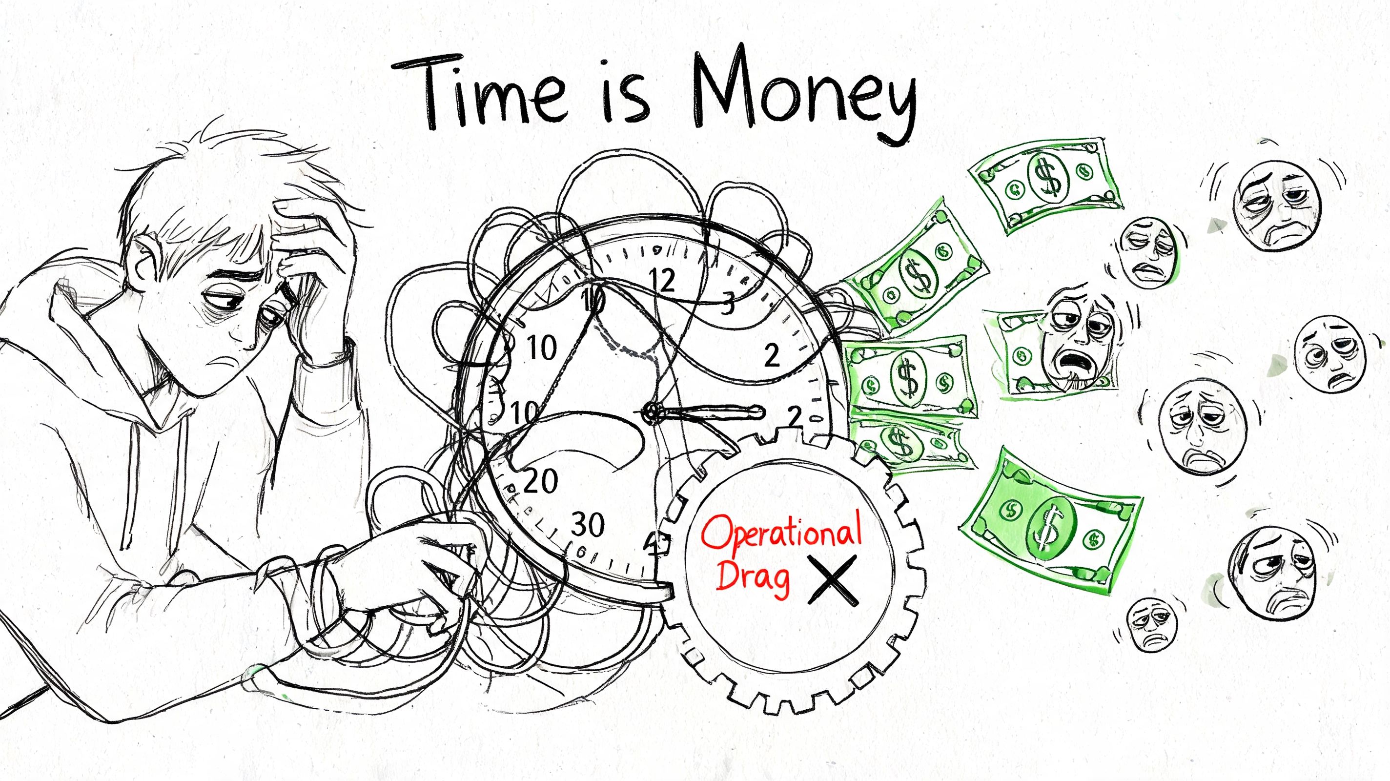 A person looking tired and trapped by cords attached to a messy clock representing operational drag and waste.