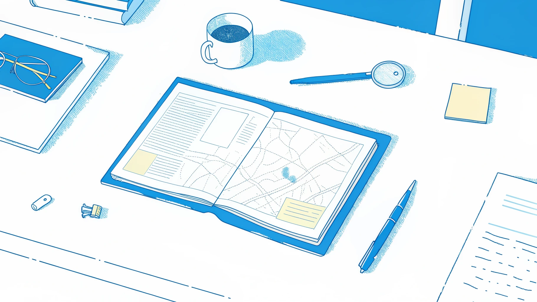 Desk scene with filing form, county map, newspaper, and stamp for fictitious business name registration