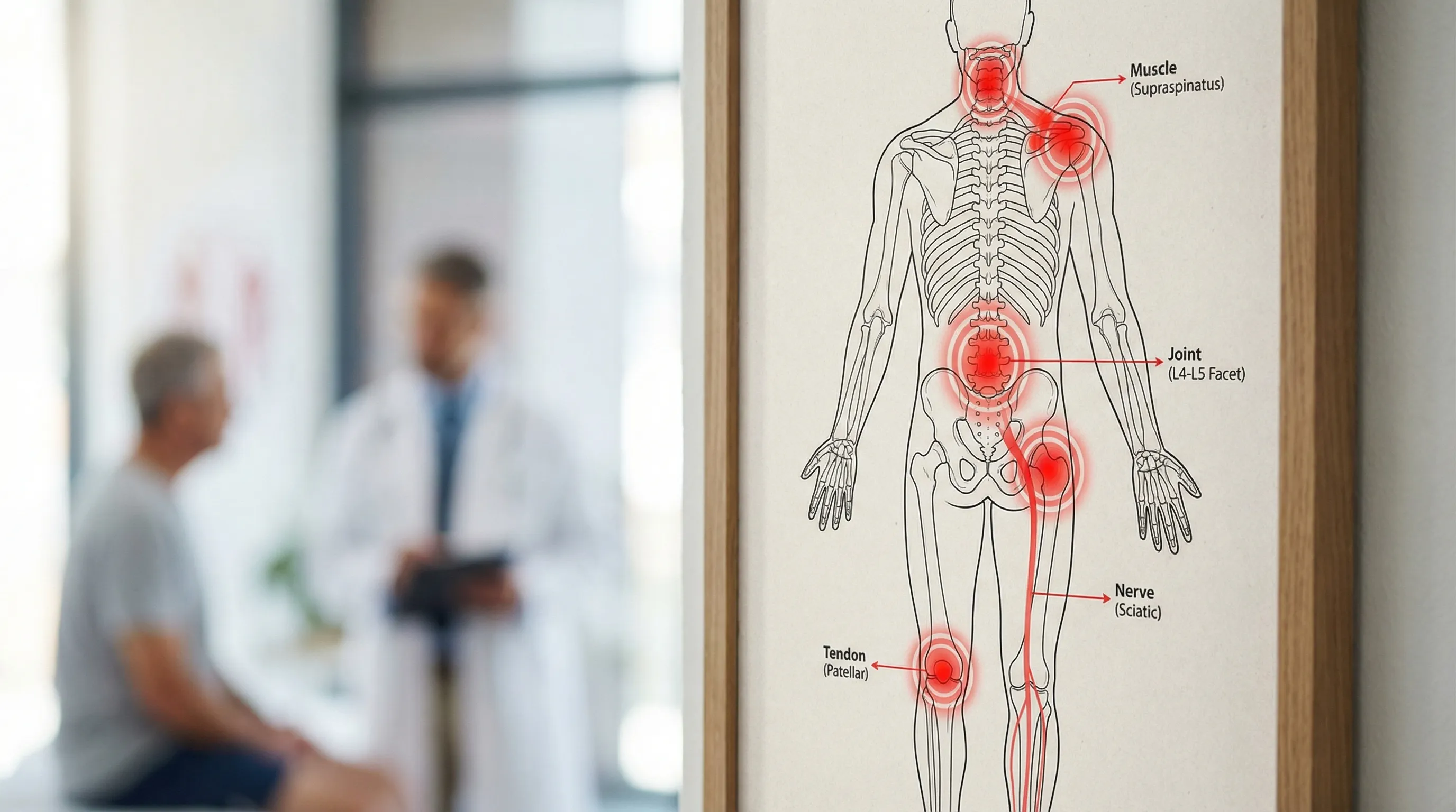 A simple illustration showing the musculoskeletal system (spine, shoulders, hips, knees) with highlighted areas of common pain, plus small labels for muscles, joints, tendons and nerves.