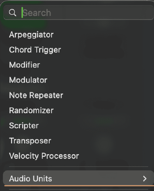 Logic Pro MIDI FX menu with the Search field at the top and Audio Units at the bottom. Numbered marker 3 matches step 3.