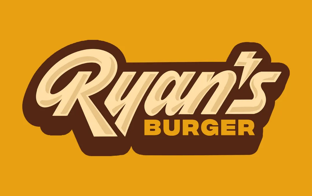 Ryan’s Burger logo in brown retro typography