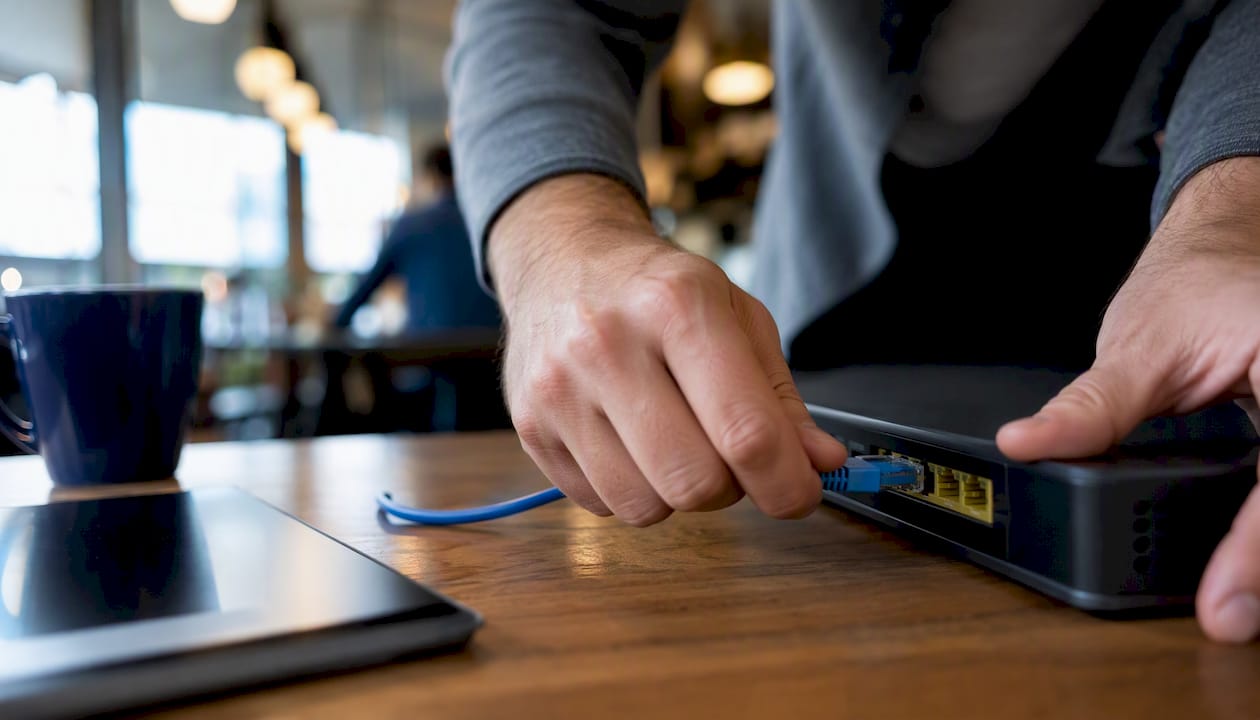 Hands connecting network cable to router