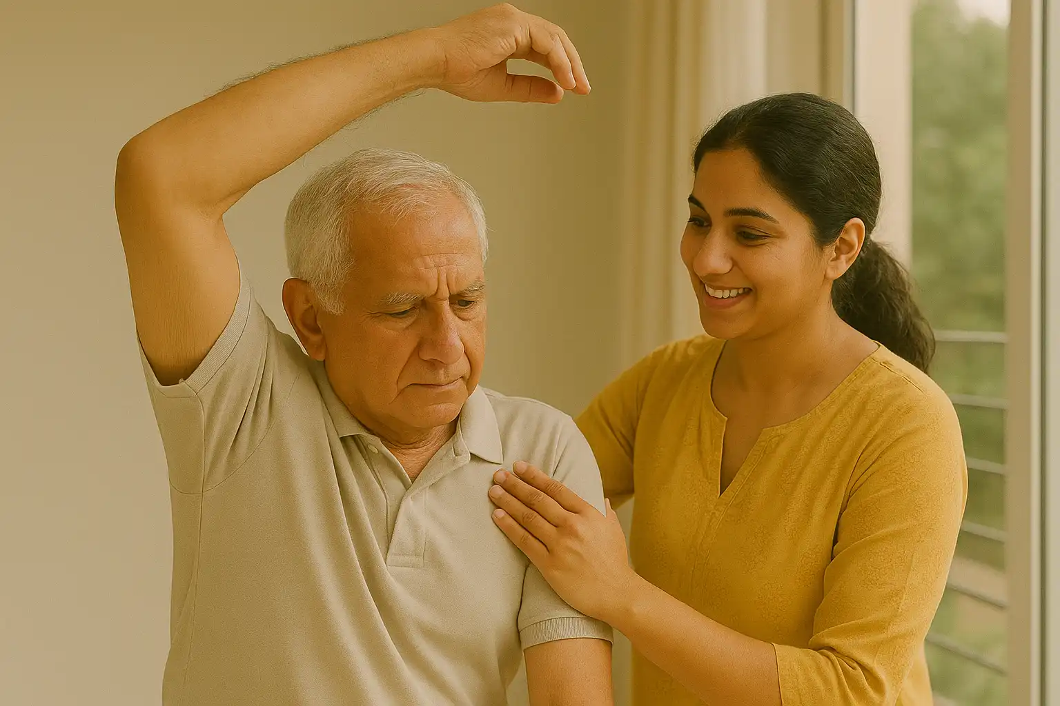 Physiotherapist helping an older man with assisted shoulder mobility exercises for pain relief.