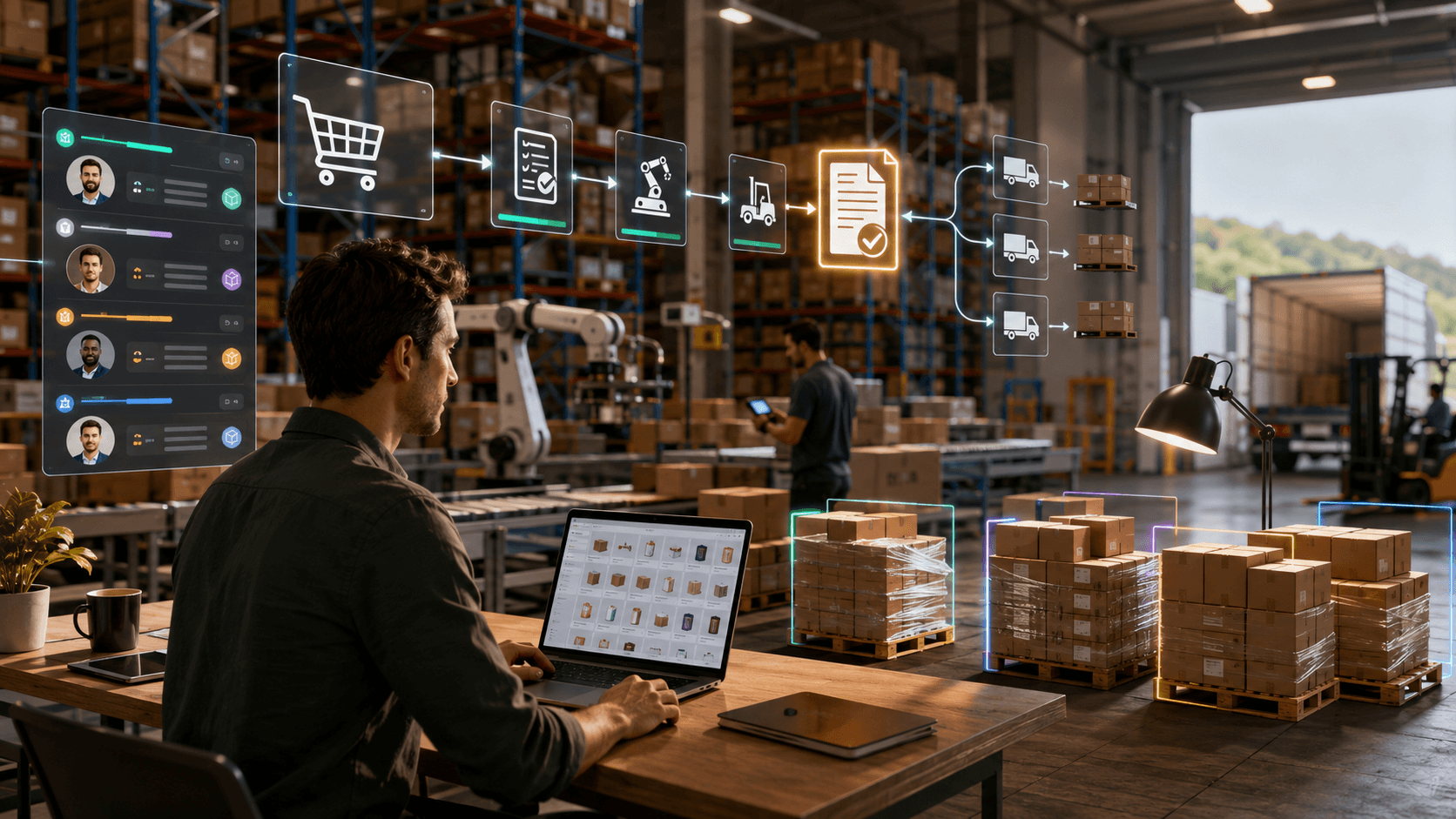 Profissional acompanha em um notebook a automação de pedidos em um centro de distribuição, com fluxos digitais de catálogo, emissão de nota fiscal, condições comerciais por cliente e separação de cargas em diferentes pallets.