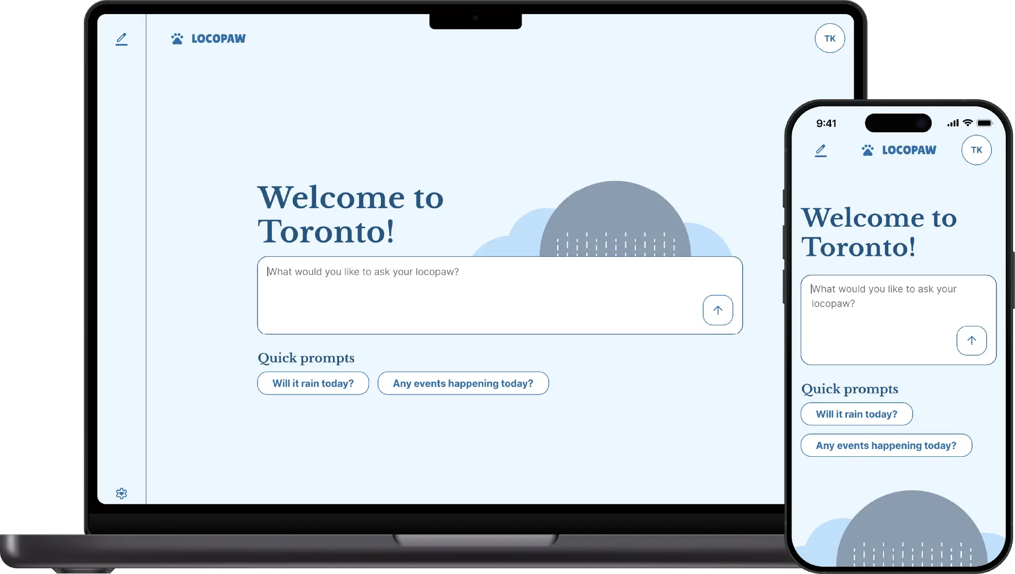Locopaw homepage in Rainy theme with raindrop illustration.