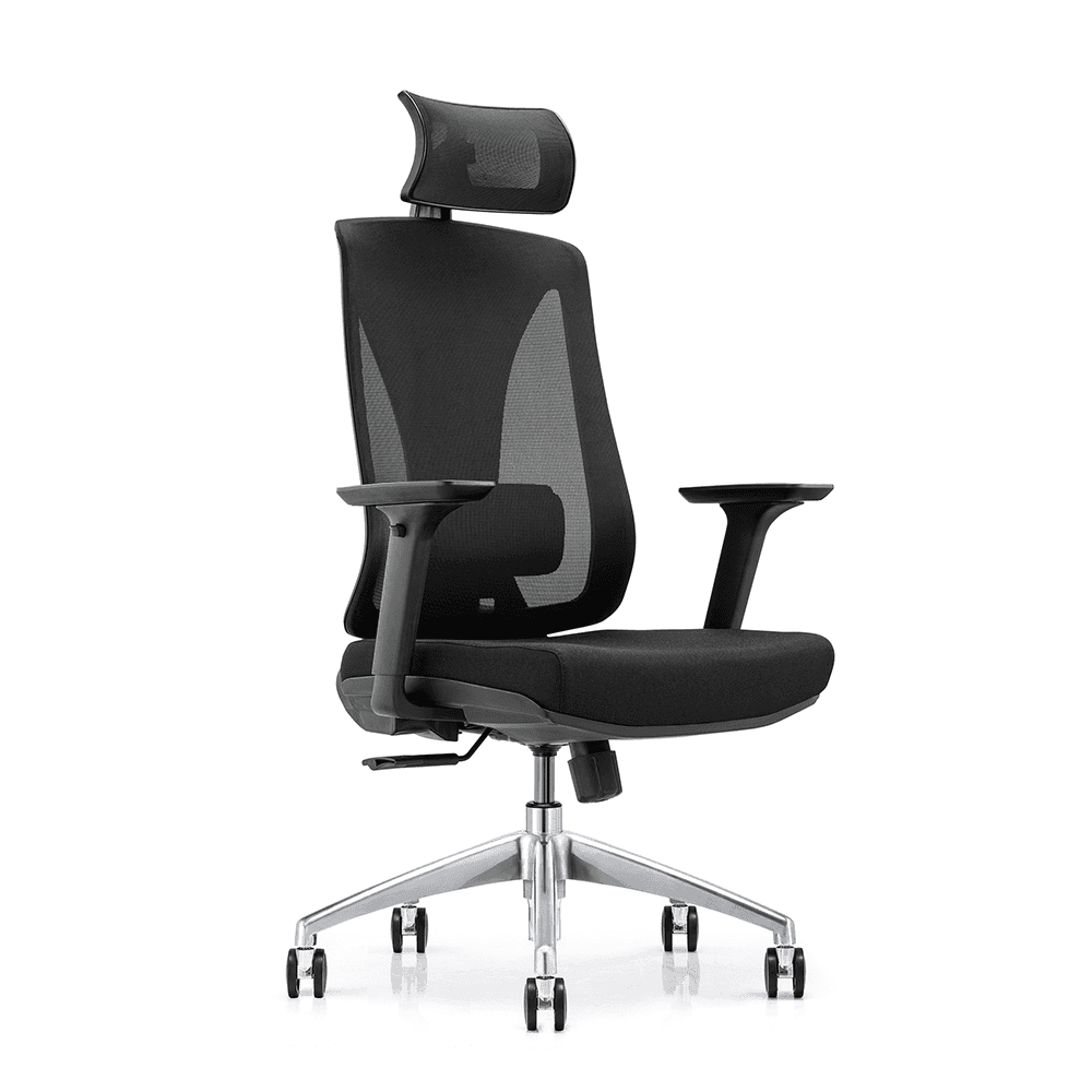 Front-side view of a black ergonomic high-back office chair featuring a breathable mesh backrest, adjustable headrest, 3D armrests, and a sturdy five-star polished aluminum swivel base with casters