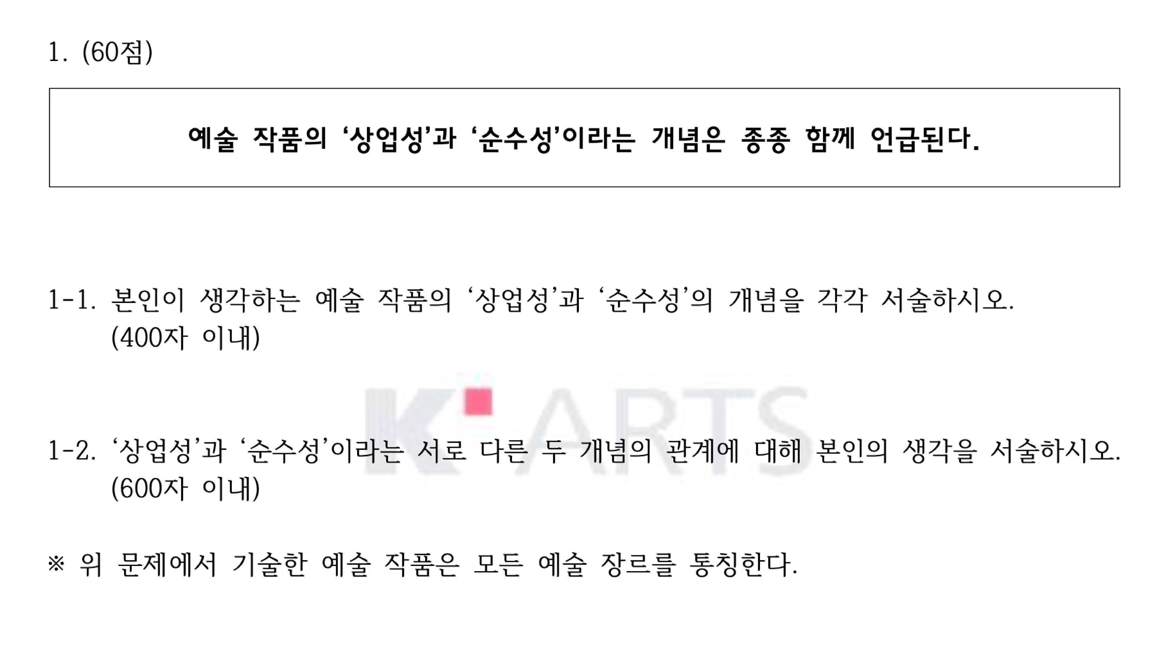 2025학년도 한예종 영화과 입시 기출문제 - 예술 작품의 상업성과 순수성 개념을 다룬 논술 문항